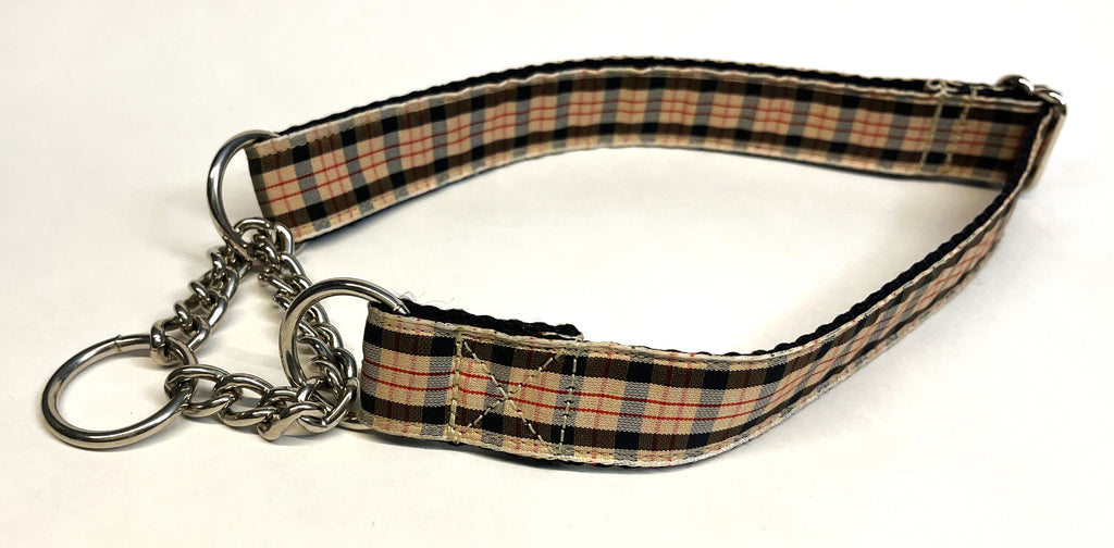 Tan, Black, and Red Plaid Chain Martingale Collar 1in