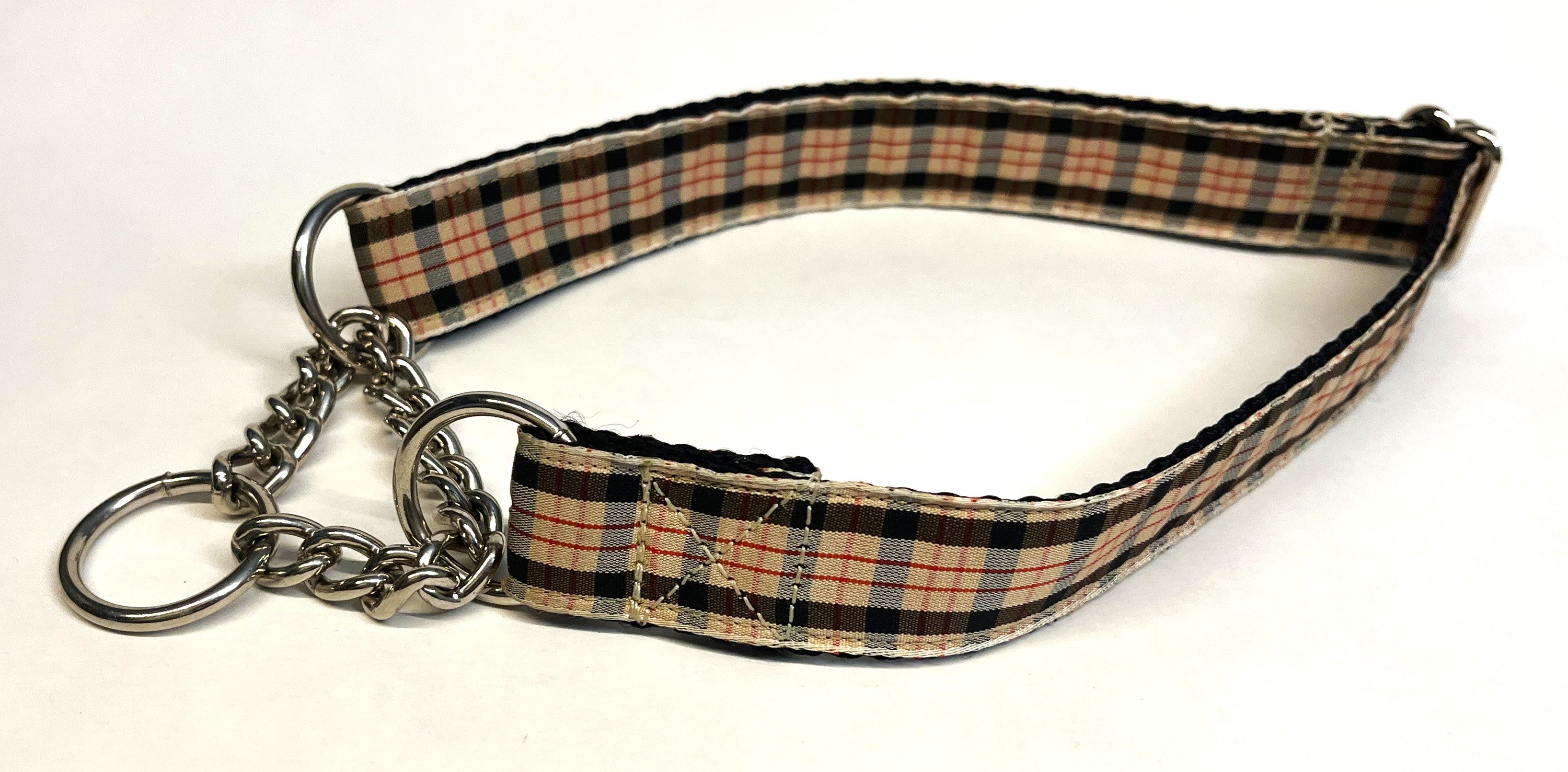 Tan, Black, and Red Plaid Chain Martingale Collar 1in