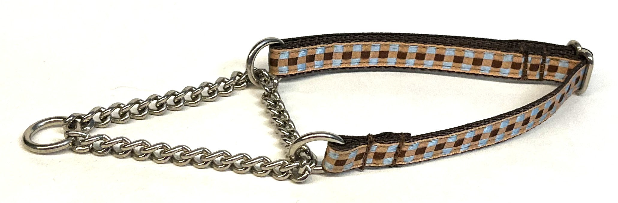 Tan, Brown, and Blue Plaid Chain Martingale Collar 1/2