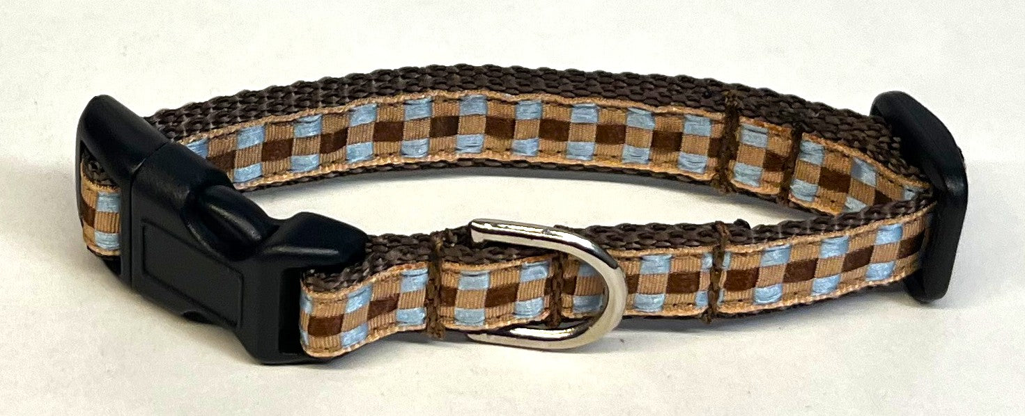 Tan, Brown, and Blue Plaid Dog Collar 1/2