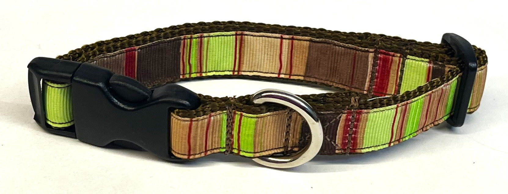 Tan, Brown, Red, Green Vertical Stripe Dog Collar 3/4