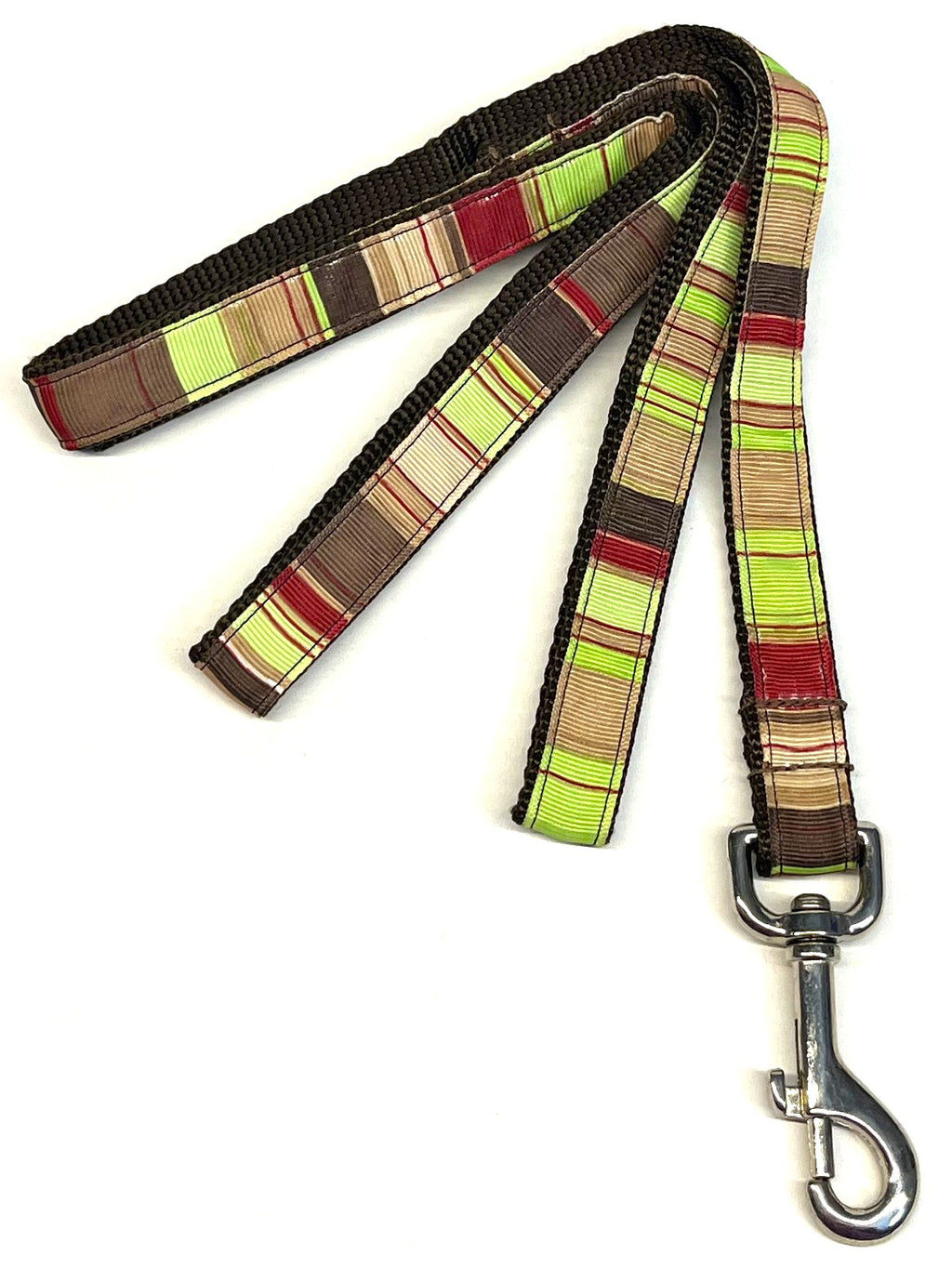 Tan, Brown, Red, Green Vertical Stripe Dog Leash 3/4