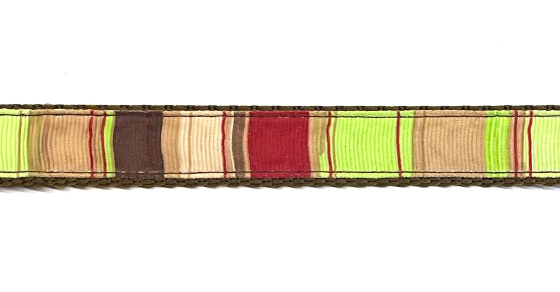 Tan, brown, red, and green vertical stripe dog collar on brown webbing, 3/4 inch width
