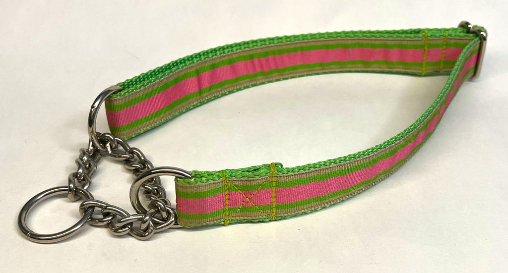 Tan, Green, Pink Stripe Chain Martingale Collar 1in