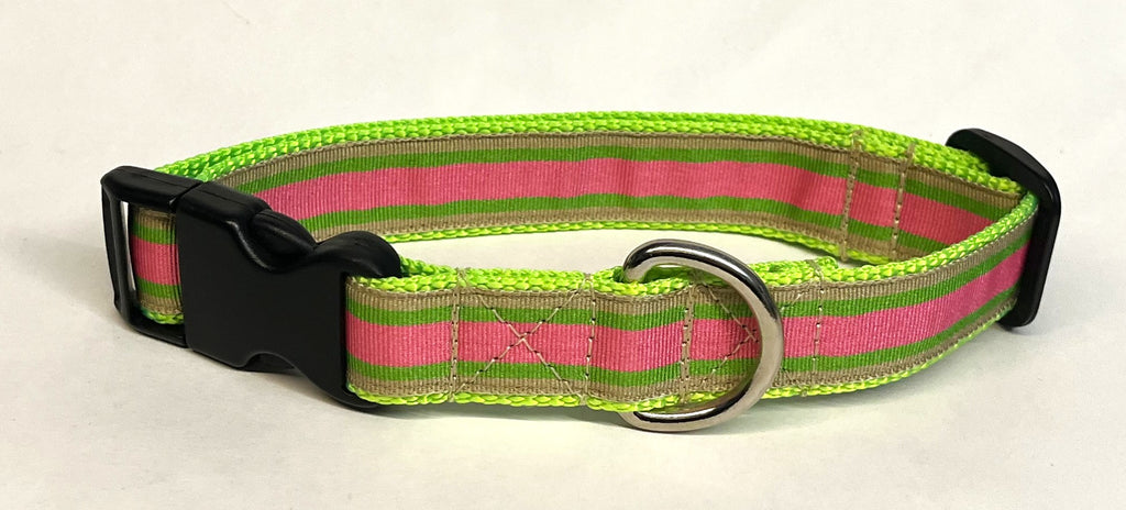 Tan, Green, Pink Stripe Dog Collar 1in