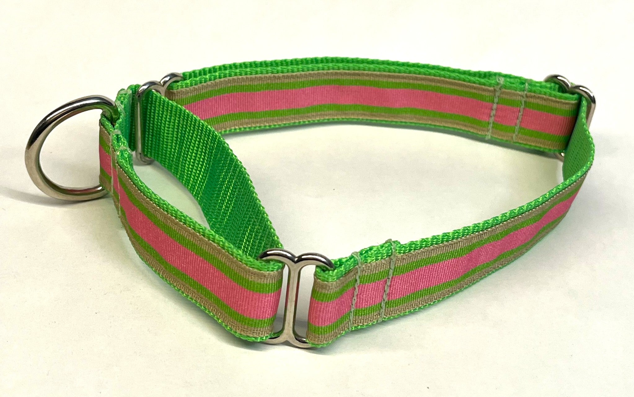 Tan, Green, Pink Stripe Martingale Collar 1in