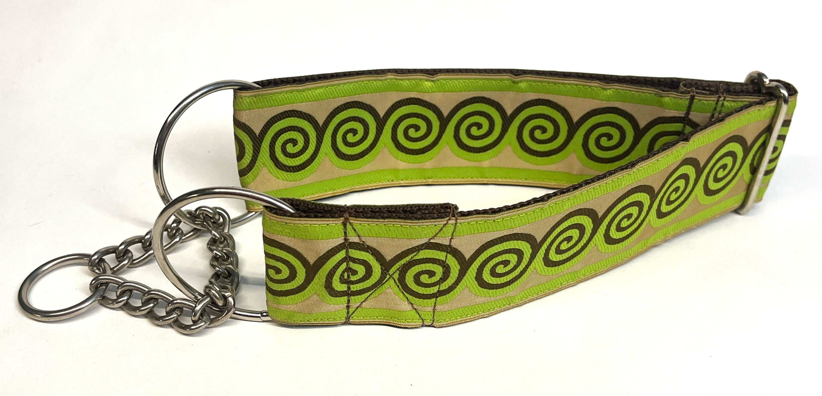 Tan, Green with Brown, Green Swirl Design Chain Martingale Collar 2in