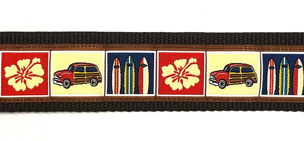 Tan, Red, and Navy Squares with Woody Wagon, Surfboards, and Flowers Martingale Collar 1 1/2 in