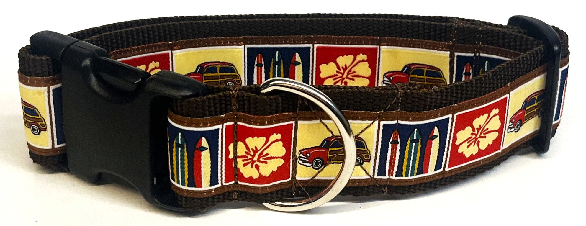 Tan, Red, and Navy Squares with Woody Wagon, Surfboards, and Flowers Dog Collar 1 1/2 in