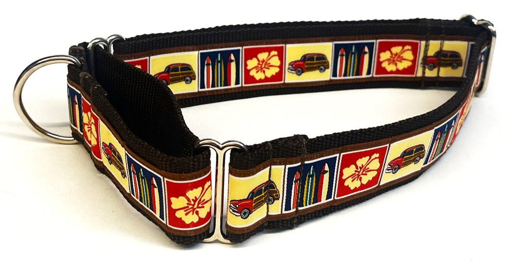 Tan, Red, and Navy Squares with Woody Wagon, Surfboards, and Flowers Martingale Collar 1 1/2 in