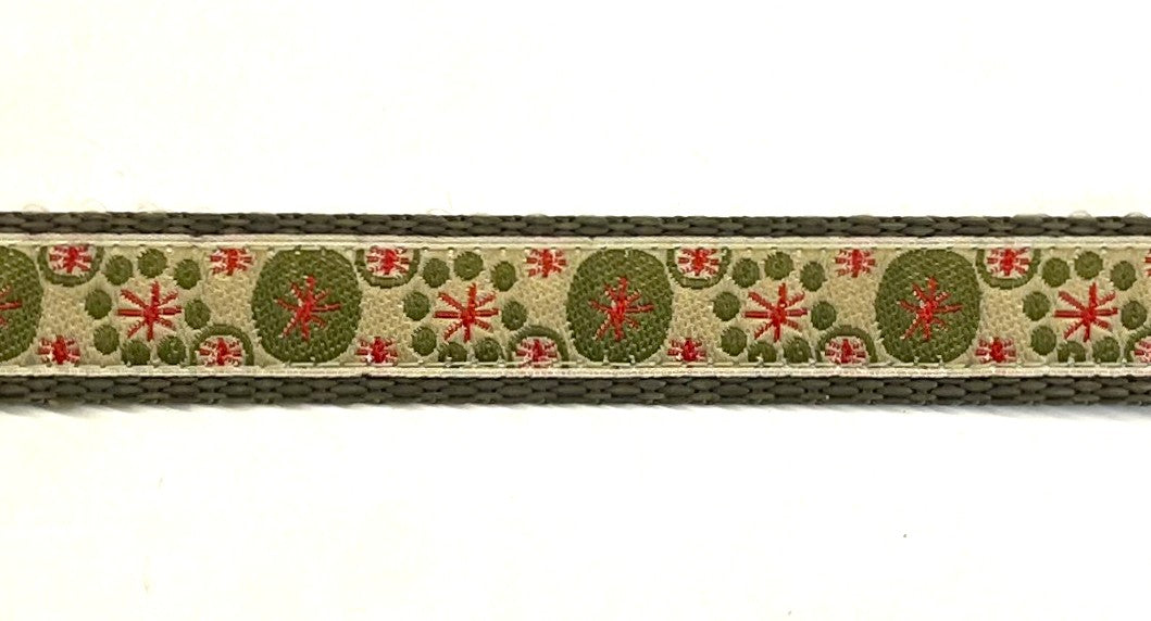 Tan with olive circles and red asterisks design dog collar on olive webbing, 3/4 inch width