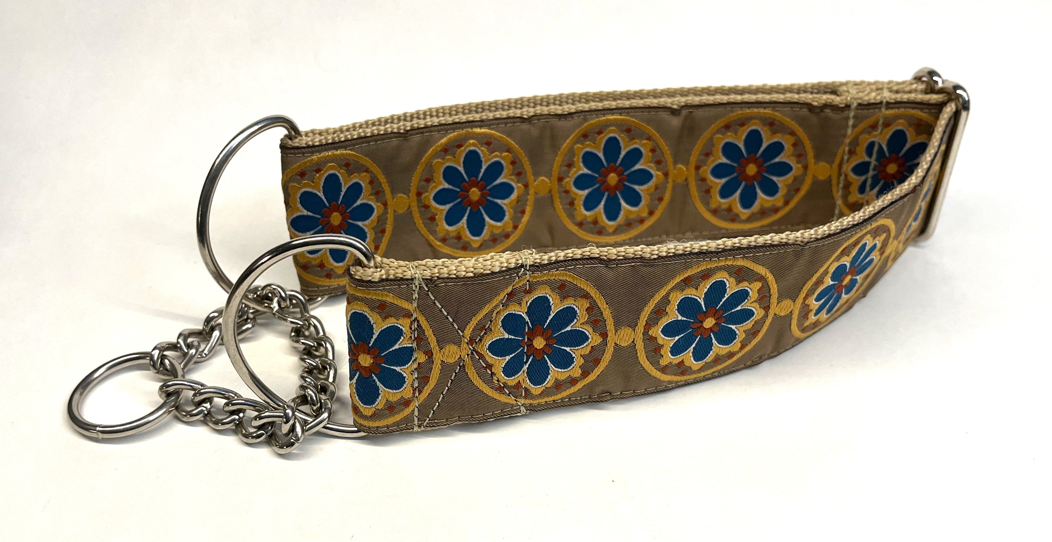 Tan with Blue, Yellow, Rust Medallion Design Chain Martingale Collar 2in