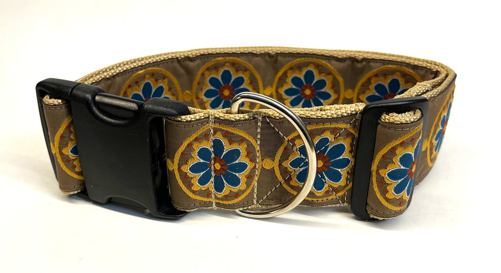Tan with Blue, Yellow, Rust Medallion Design Dog Collar 2in