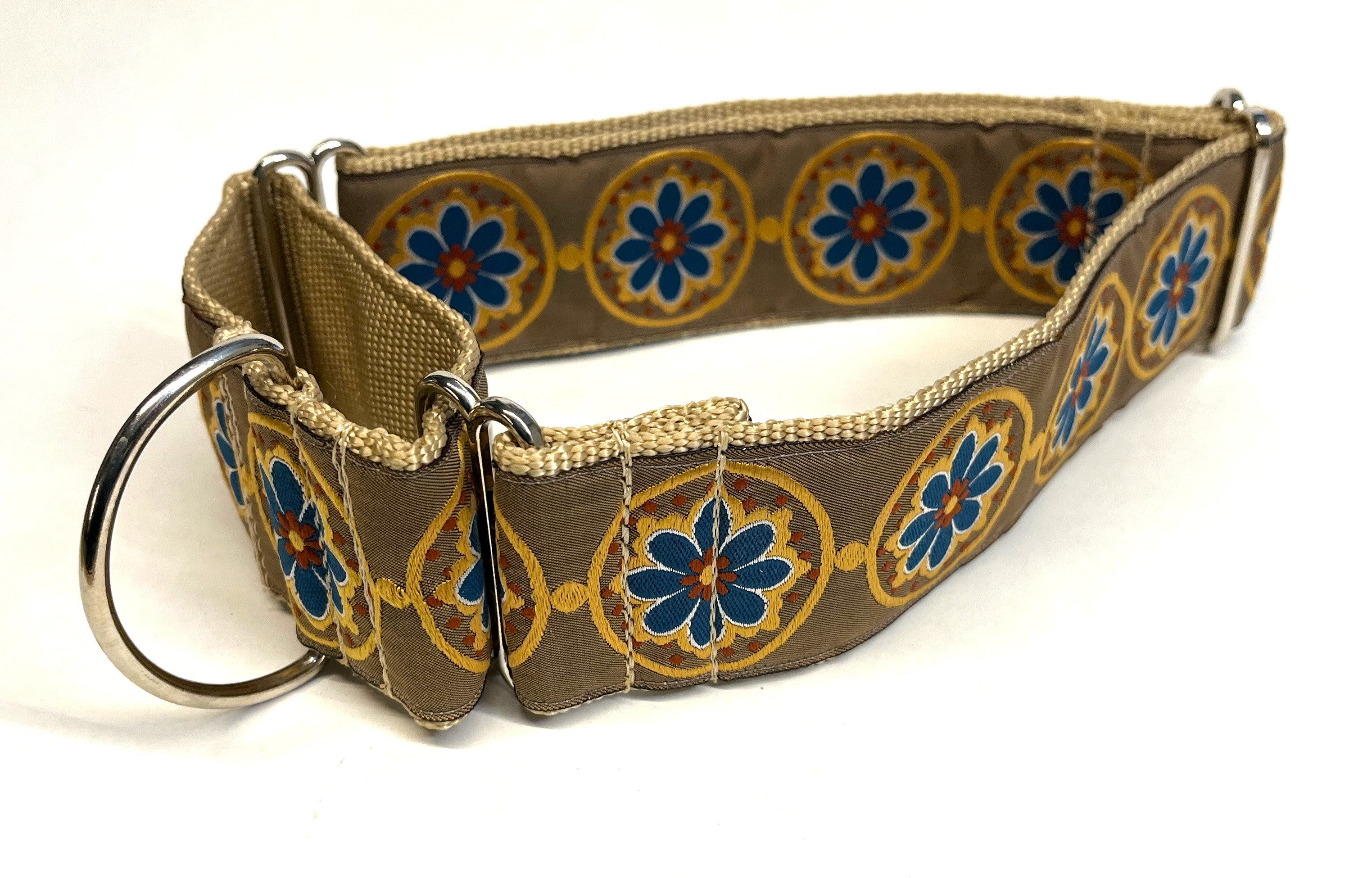 Tan with Blue, Yellow, Rust Medallion Design Martingale Collar 2in