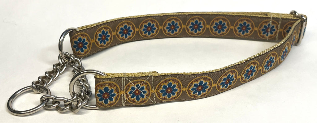 Tan with Blue, Gold, Rust Medallion Chain Martingale Collar 1in