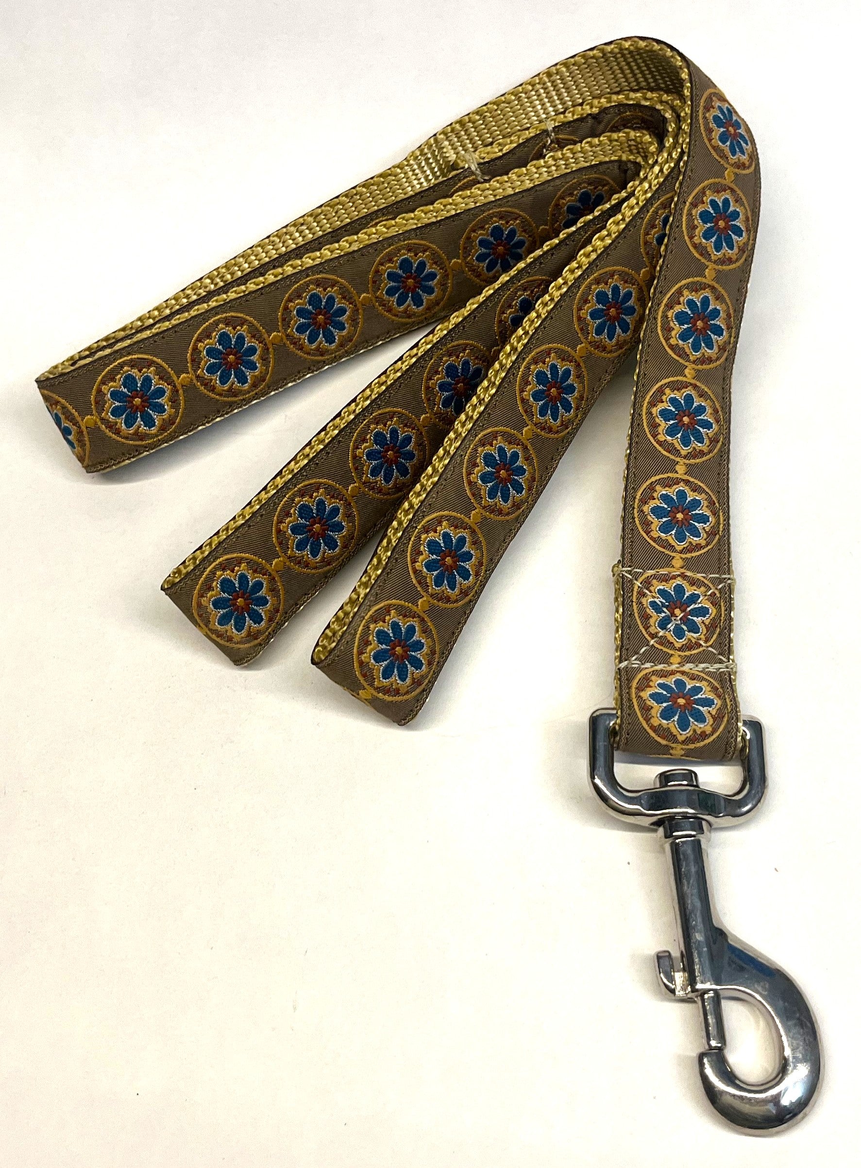 Tan with Blue, Gold, Rust Medallion Dog Leash 1in