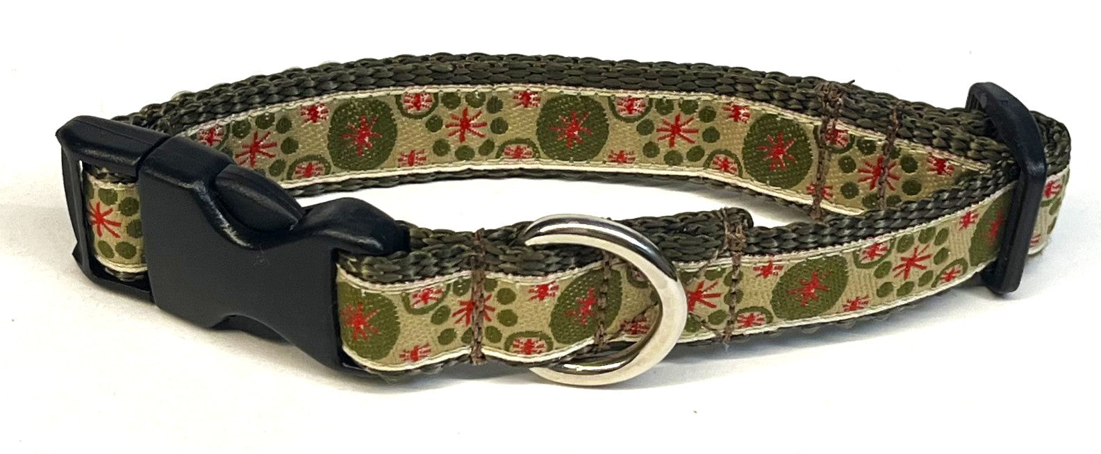 Tan with Olive Circles and Red Asterisks Design Dog Collar 3/4