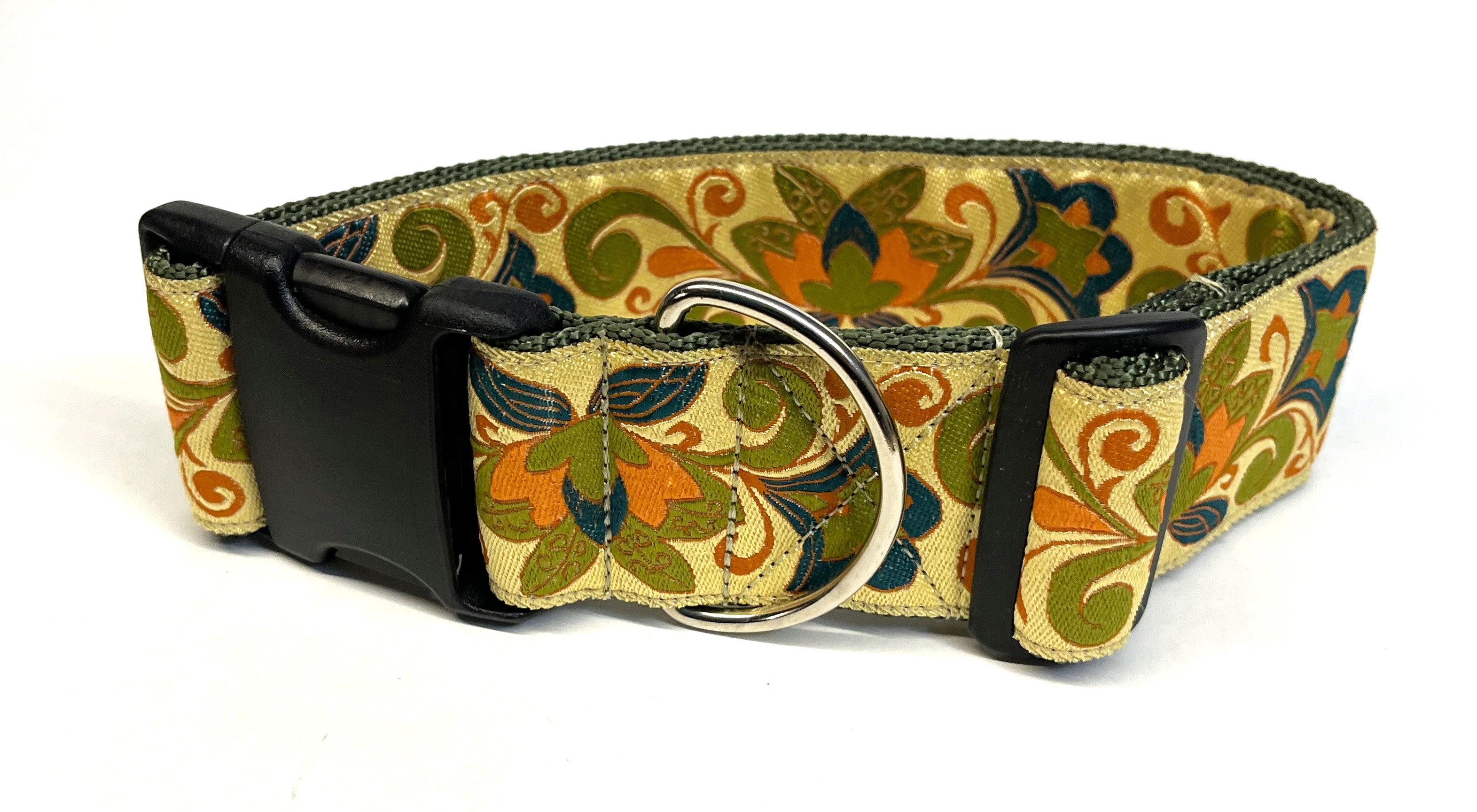 Tan with Olive, Teal, Orange Floral Pattern Dog Collar 2in