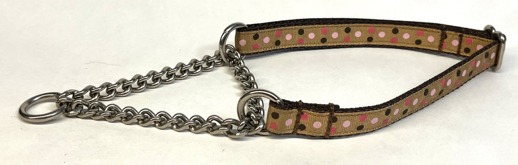 Tan with Pink, Brown, and Light Pink Dots Chain Martingale Collar 1/2