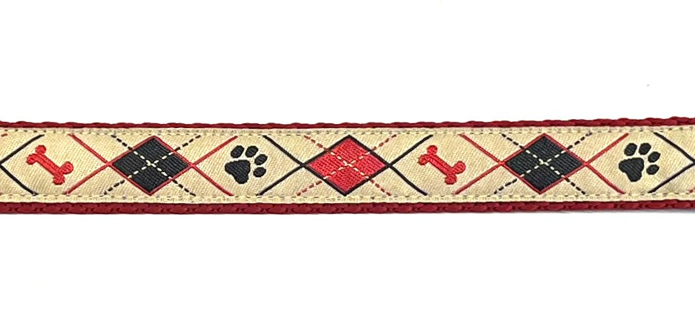 Tan with Red and Black Argyle Design with Bones and Paws Dog Collar 3/4