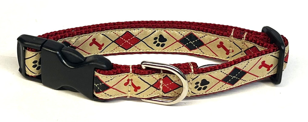 Tan with Red and Black Argyle Design with Bones and Paws Dog Collar 3/4
