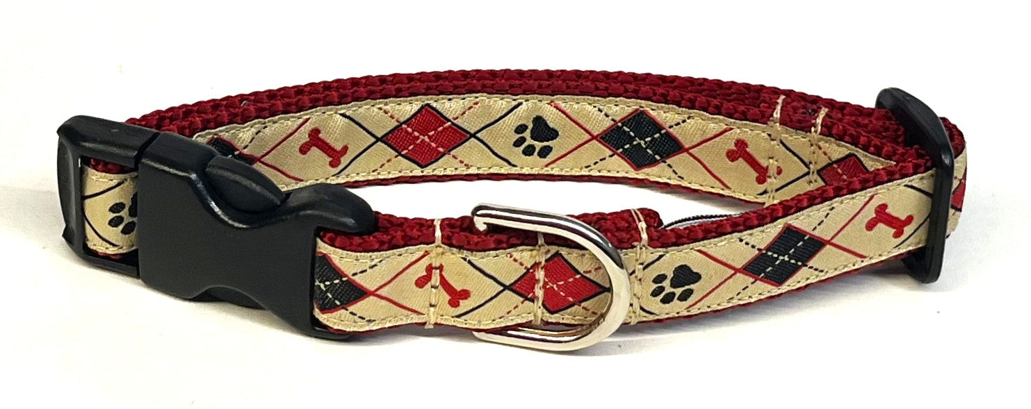 Tan with Red and Black Argyle Design with Bones and Paws Dog Collar 3/4