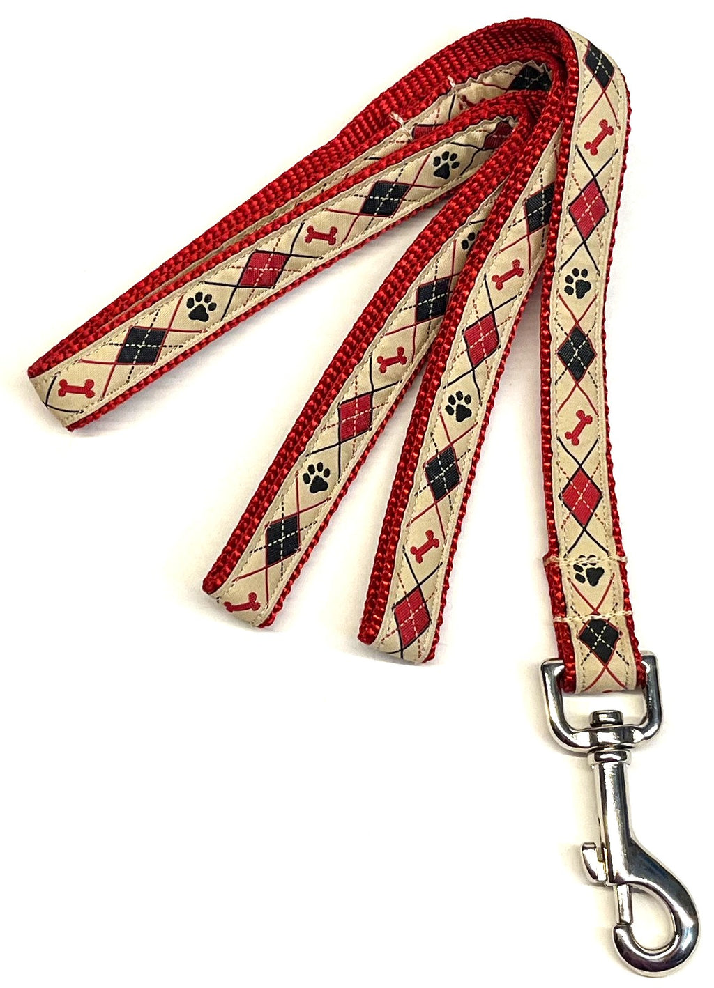 Tan with Red and Black Argyle Design with Bones and Paws Dog Leash 3/4