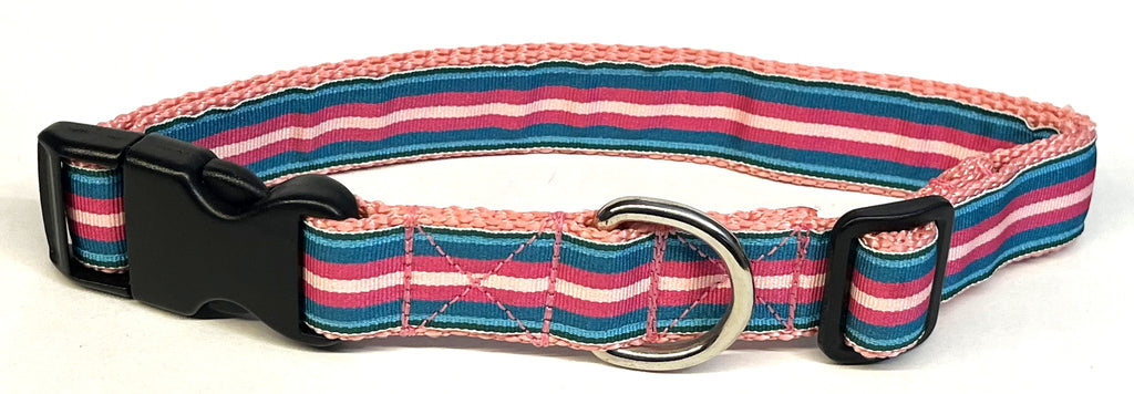Teal, Blue, Pink, Light Pink Stripe Dog Collar 1in