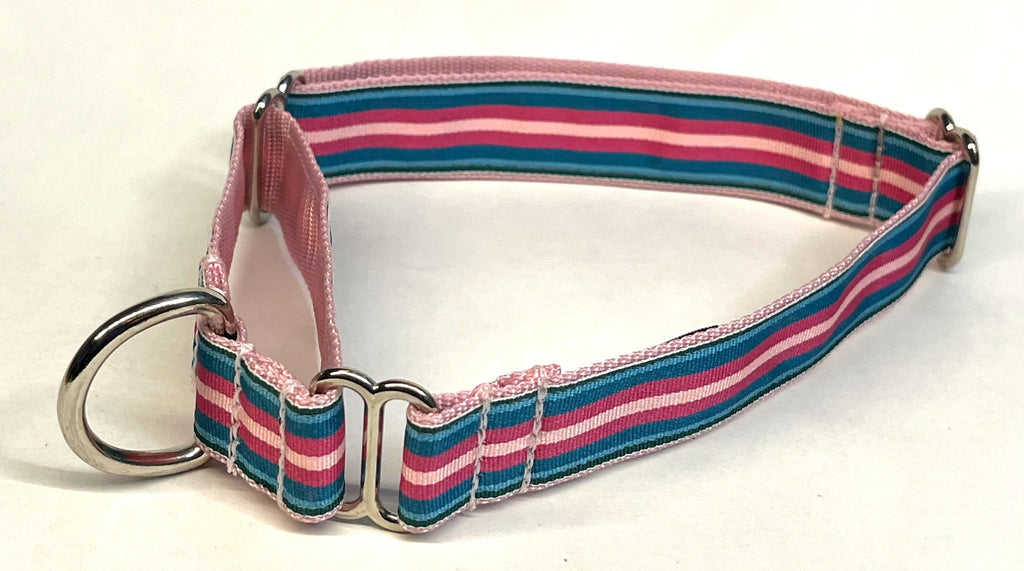 Teal, Blue, Pink, Light Pink Stripe Martingale Collar 1in