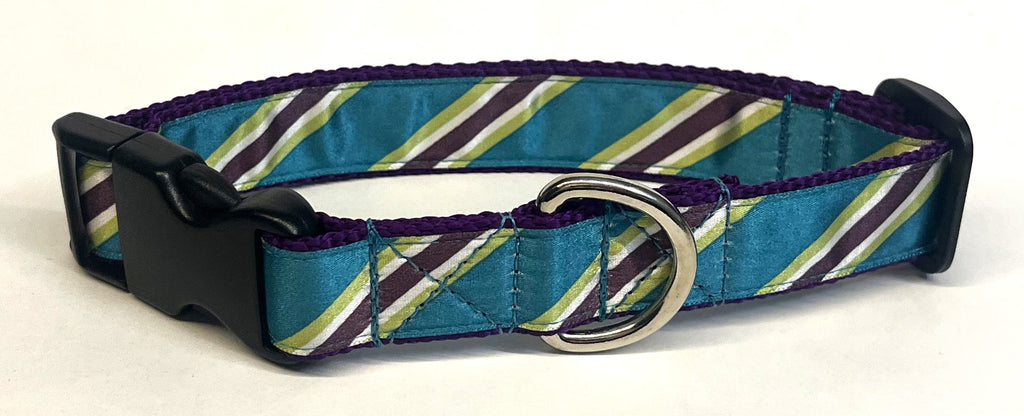 Teal, Green, White, & Purple Diagonal Stripe Dog Collar 1in
