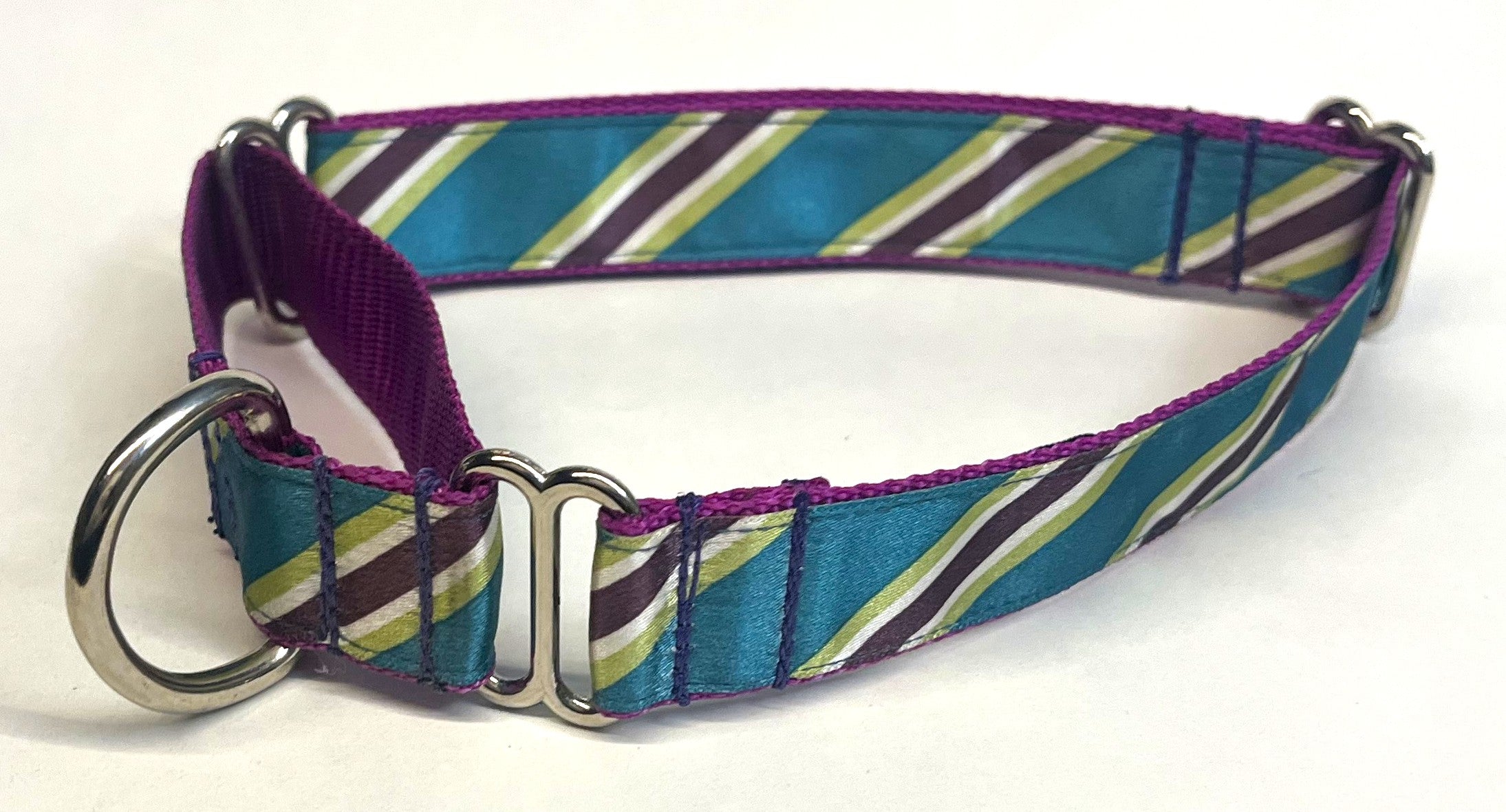 Teal, Green, White, & Purple Diagonal Stripe Martingale Collar 1in