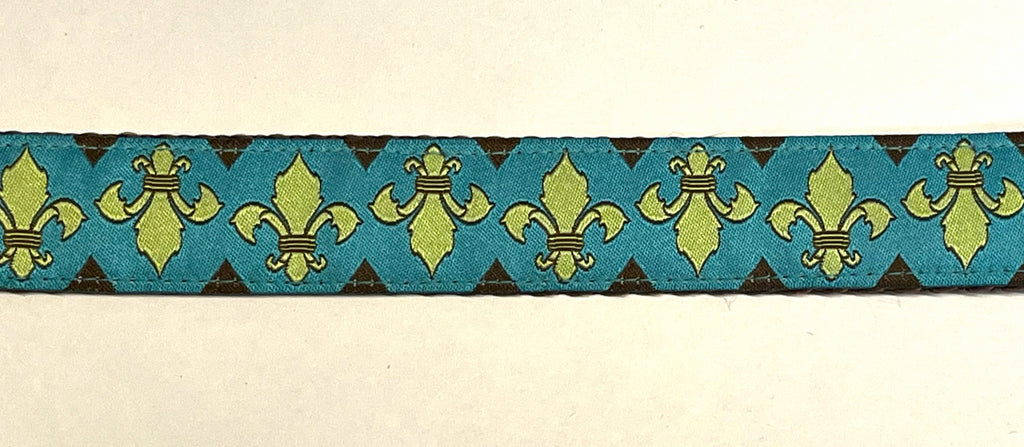 Turquoise with Green Fleur De Lis Dog Collar 1in