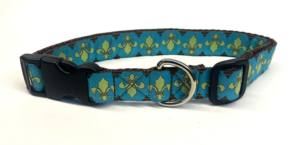 Turquoise with Green Fleur De Lis Dog Collar 1in