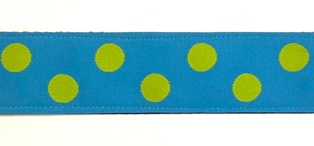 Turquoise with lime green dots dog collar 1 1/2 in