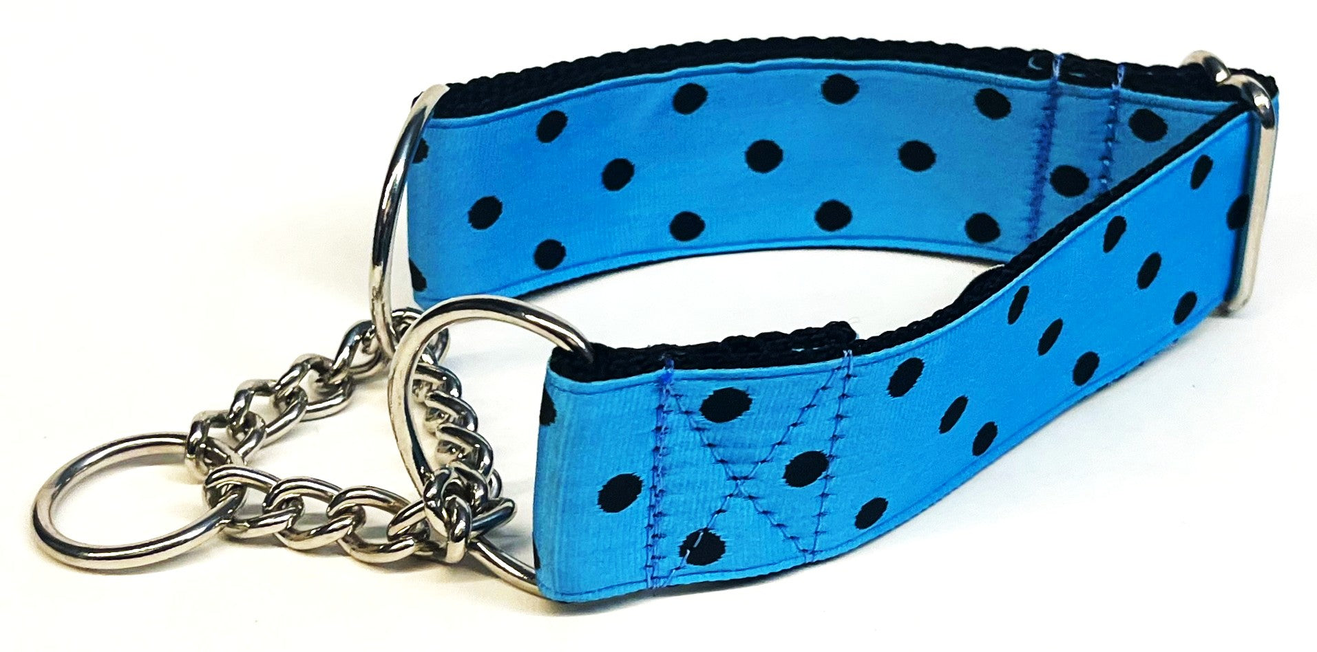 Turquoise with Black Polka Dots Chain Martingale Collar 1 1/2 in