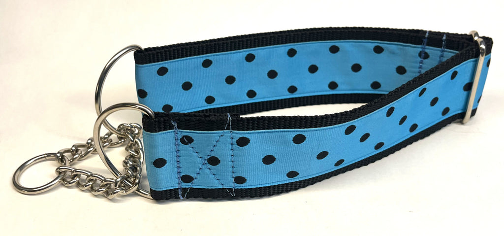 Turquoise with Black Polka Dots Chain Martingale Collar 2in