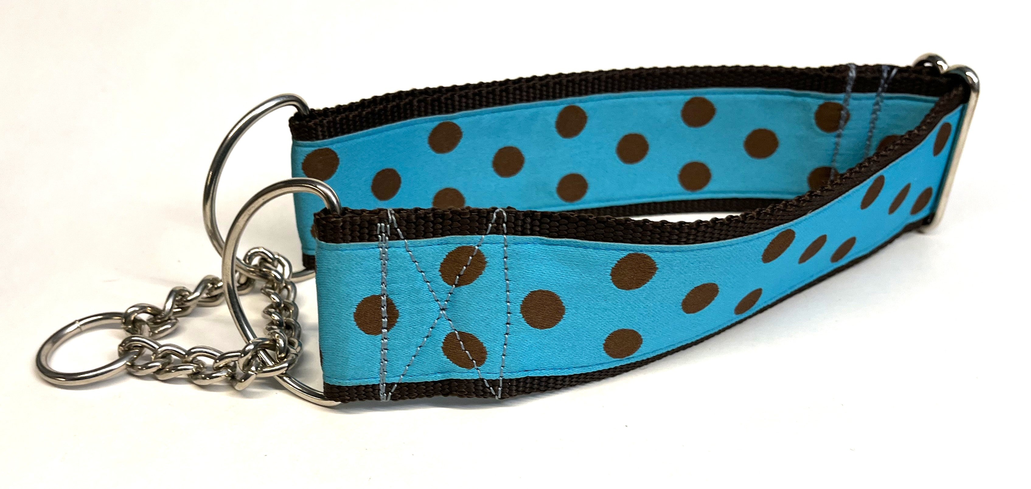 Turquoise with Brown Polka Dots Chain Martingale Collar 2in