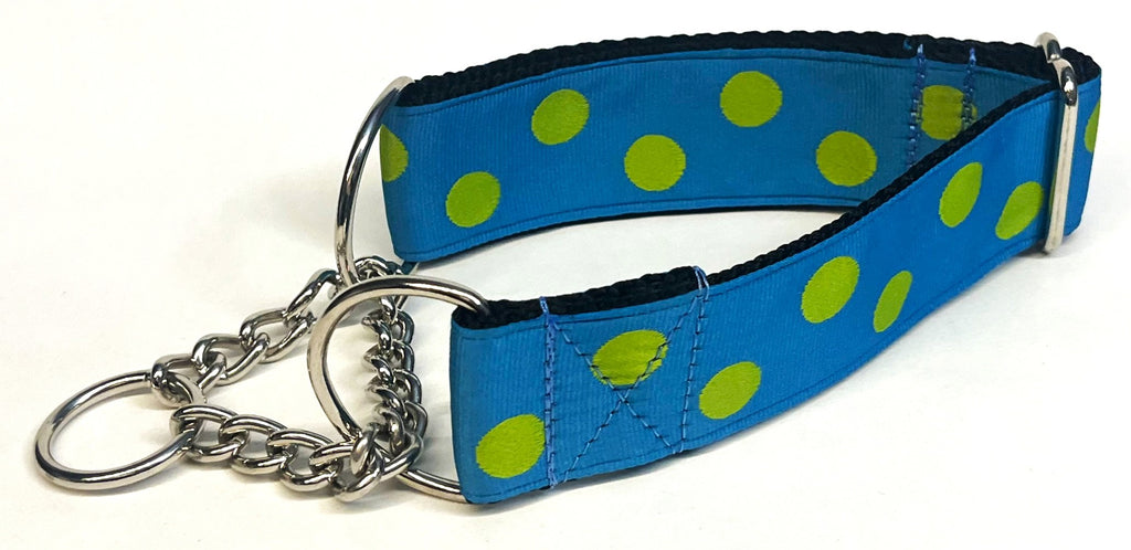 Turquoise with Lime Green Dots Chain Martingale Collar 1 1/2 in