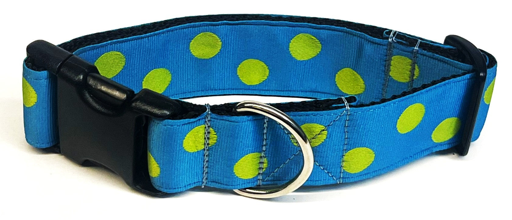 Turquoise with Lime Green Dots Dog Collar 1 1/2 in