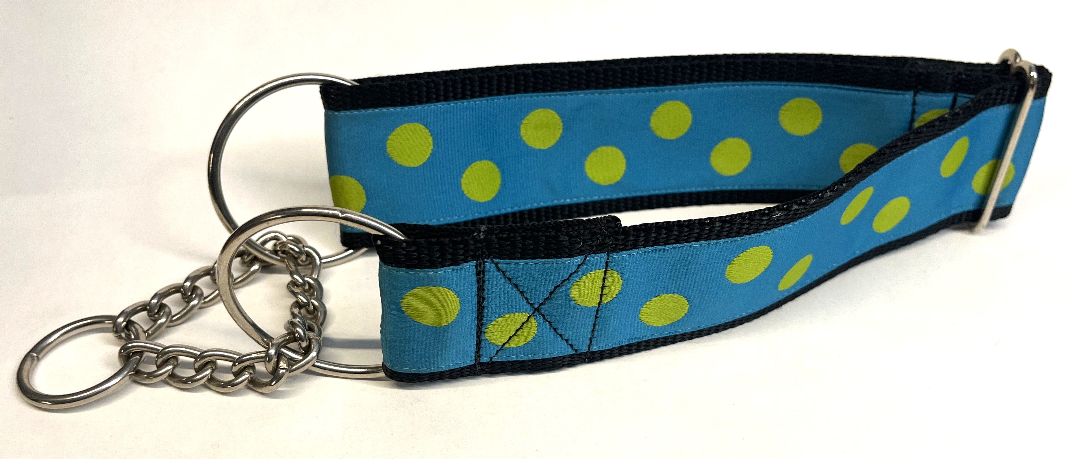 Turquoise with Lime Green Dots Chain Martingale Collar 2in