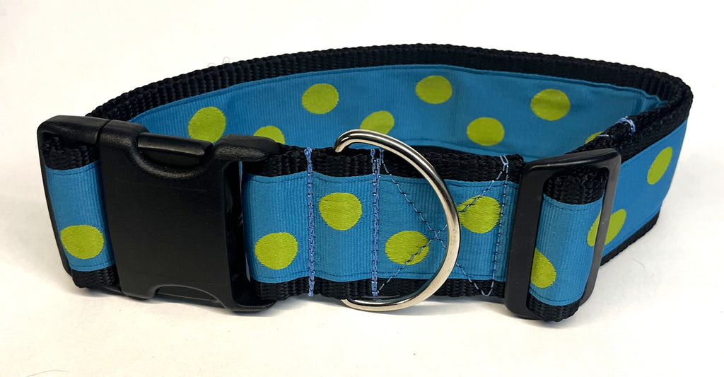 Turquoise with Lime Green Dots Dog Collar 2in