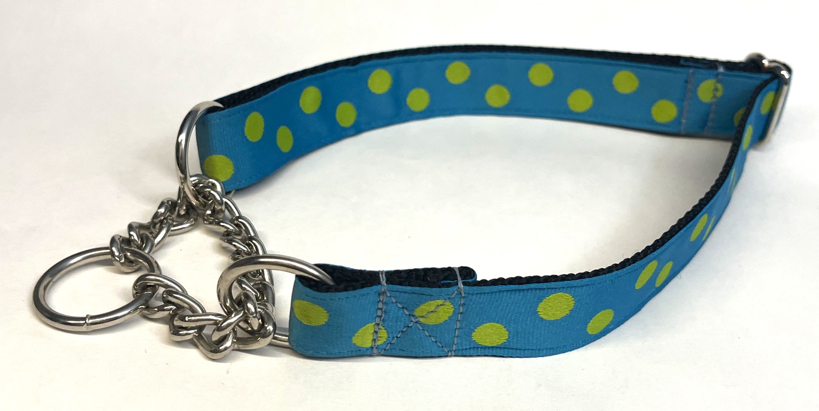 Turquoise with Lime Green Dots Chain Martingale Collar 1in