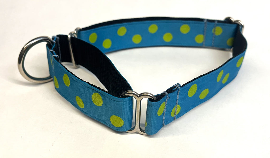Turquoise with Lime Green Dots Martingale Collar 1in
