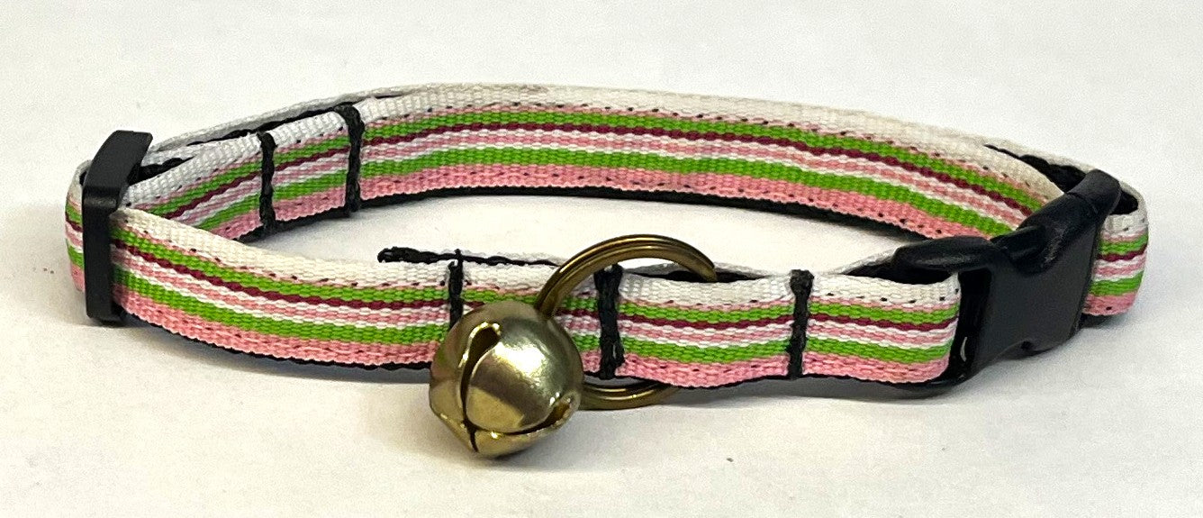 White, Green, Pink & Burgundy Stripe Cat Collar