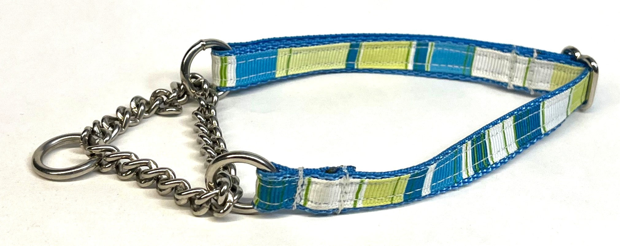 Blue with White, Light Green, Green, and Turquoise Vertical Stripes Chain Martingale Collar 1/2