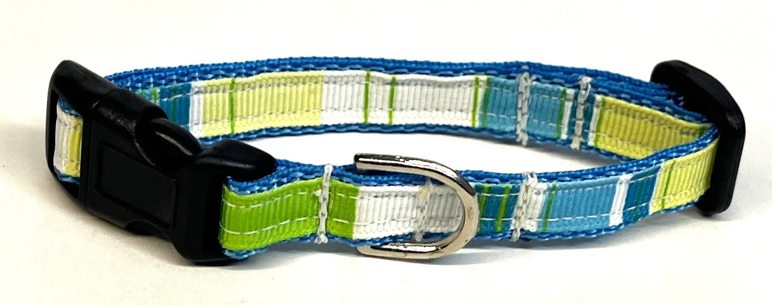Blue with White, Light Green, Green, and Turquoise Vertical Stripes Dog Collar 1/2