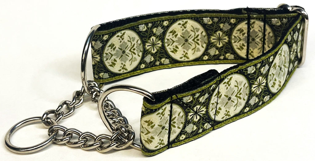 Black with White and Olive Floral Medallion Chain Martingale Collar 1 1/2 in
