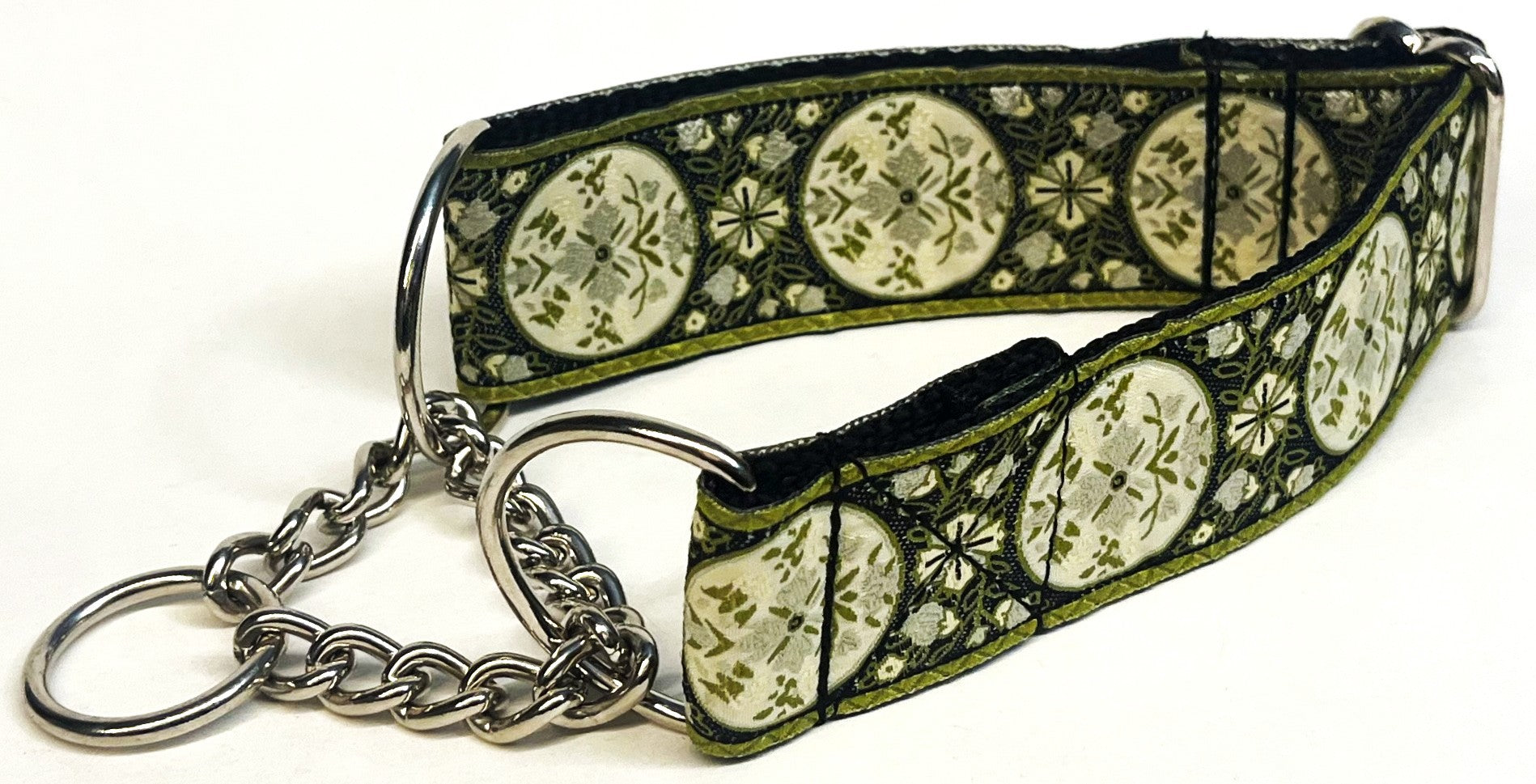 Black with White and Olive Floral Medallion Chain Martingale Collar 1 1/2 in