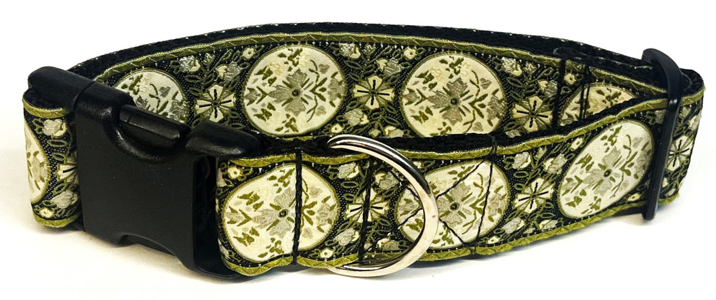 Black with White and Olive Floral Medallion Dog Collar 1 1/2 in