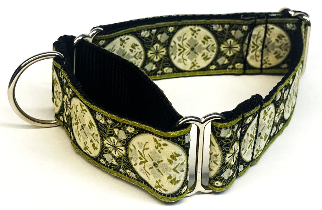 Black with White and Olive Floral Medallion Martingale Collar 1 1/2 in